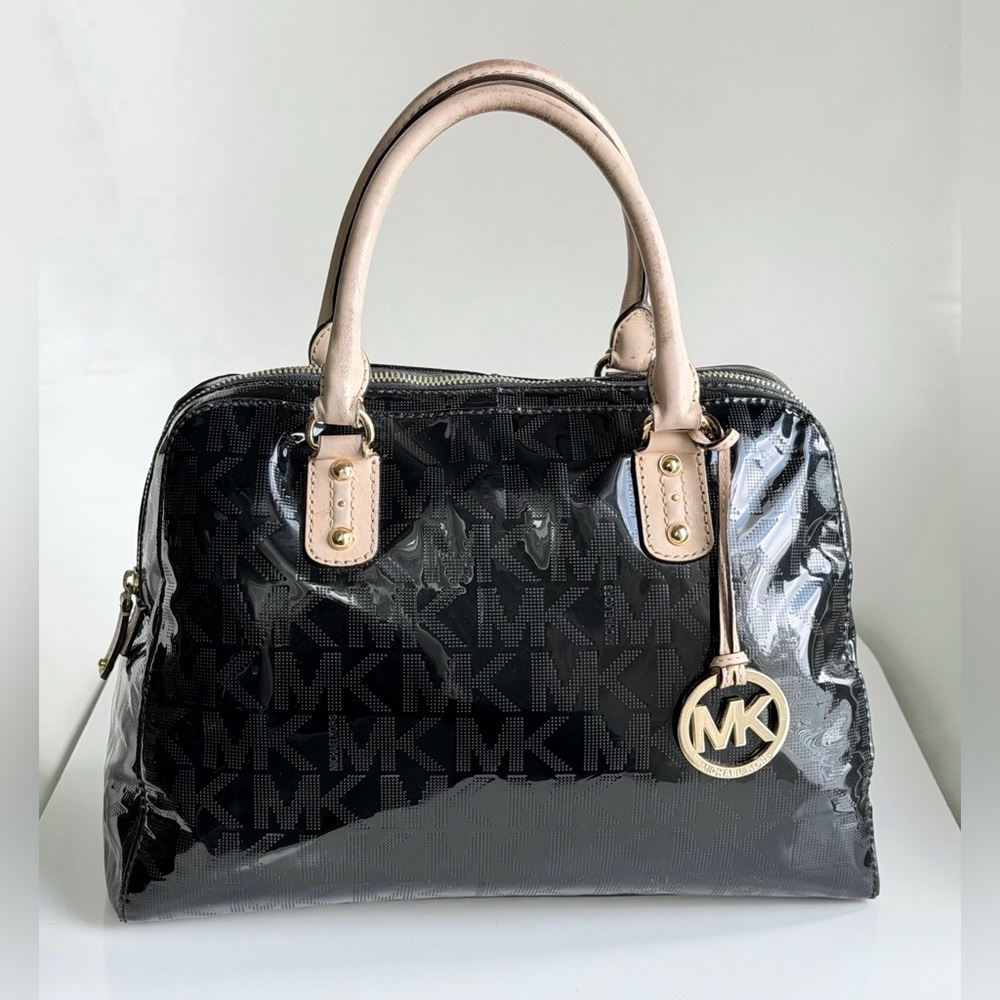 Michael Kors Black Patent Logo Satchel with Pale Pink Handles